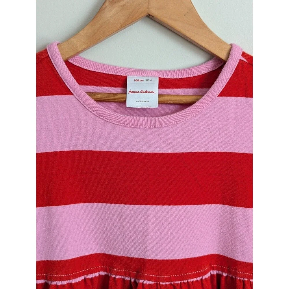 Hanna Andersson Girls 4 Striped Twirl Power Dress Red Pink 100% Cotton Knit